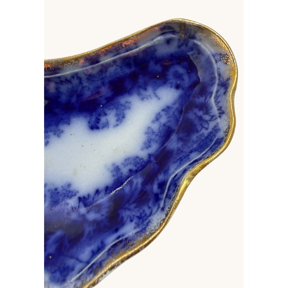 Antique Flow Blue Bone Dish W&E Corn Garland Porcelaine Royale Gold Trim 1890s - Picture 6 of 9